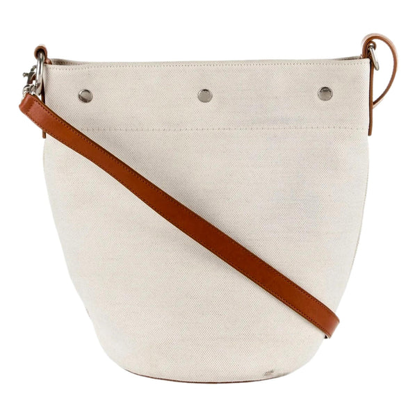 Saint Laurent Rive Gauche Brown Leather Trim Linen Bucket Bag in Brown and Natural, authentic new handbag, image 5