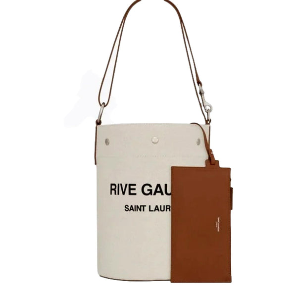 Saint Laurent Rive Gauche Brown Leather Trim Linen Bucket Bag in Brown and Natural, authentic new handbag, image 2