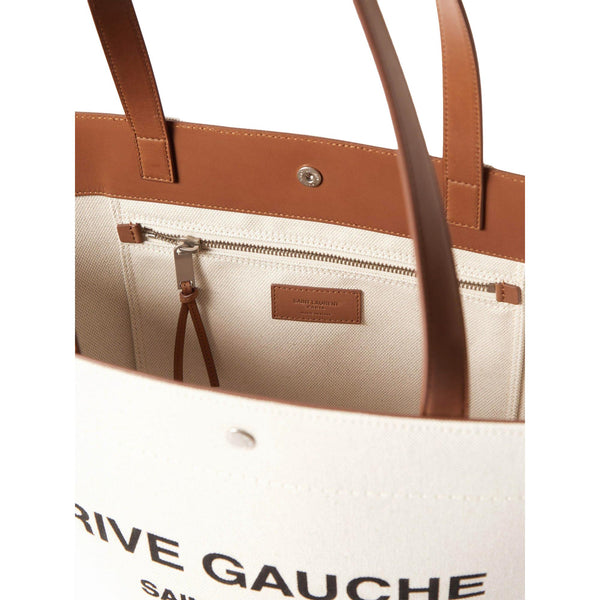 Saint Laurent Rive Gauche Brown Leather Trim Linen Bucket Bag in Brown and Natural, authentic new handbag, image 4