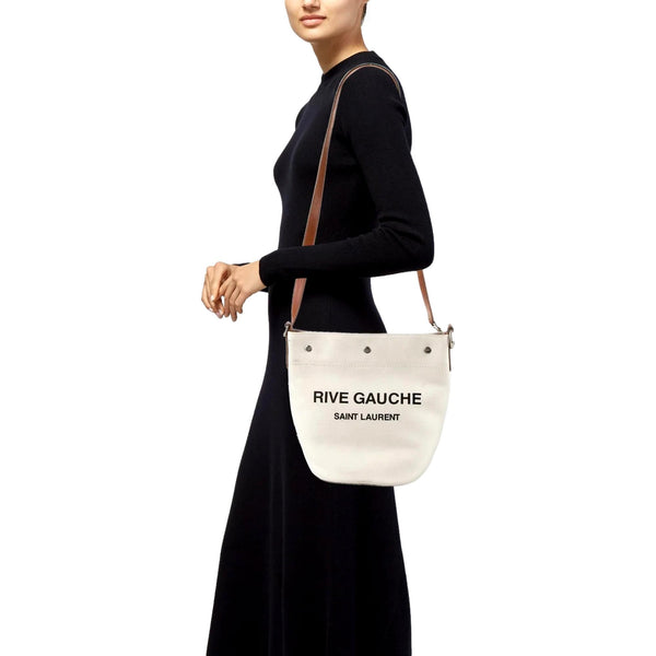 Saint Laurent Rive Gauche Brown Leather Trim Linen Bucket Bag in Brown and Natural, authentic new handbag, image 6