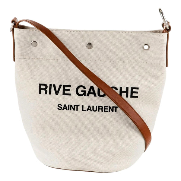 Saint Laurent Rive Gauche Brown Leather Trim Linen Bucket Bag in Brown and Natural, authentic new handbag, image 1