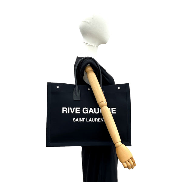 Saint Laurent Rive Gauche Black Canvas Leather Trim Tote Bag in Black, authentic new handbag, image 5