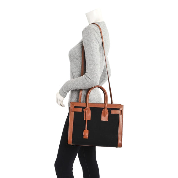 Saint Laurent Sac De Jour Black Canvas and Brown Leather Satchel in Brown, authentic new handbag, image 2