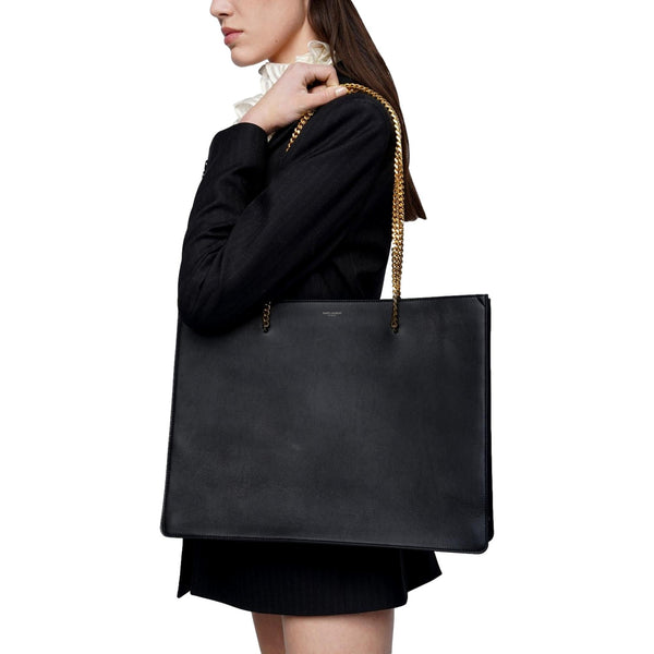 Saint Laurent Siena Ultra Lux Black Calf Leather Chain Shoulder Tote Bag in Black, authentic new handbag, image 2