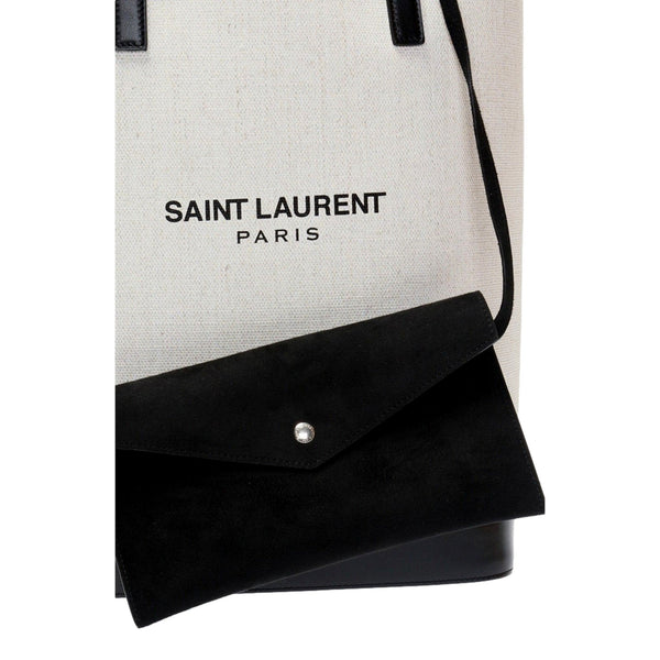 Saint Laurent Teddy White Coated Linen Drawstring Bucket Bag in White and Black, authentic new handbag, image 4