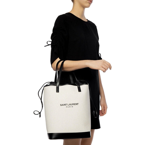 Saint Laurent Teddy White Coated Linen Drawstring Bucket Bag in White and Black, authentic new handbag, image 11