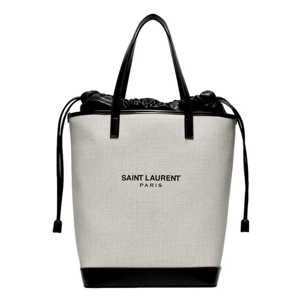 Saint Laurent Teddy White Coated Linen Drawstring Bucket Bag in White and Black, authentic new handbag, image 1