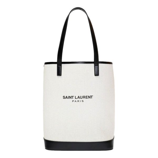 Saint Laurent Teddy White Coated Linen Drawstring Bucket Bag in White and Black, authentic new handbag, image 2