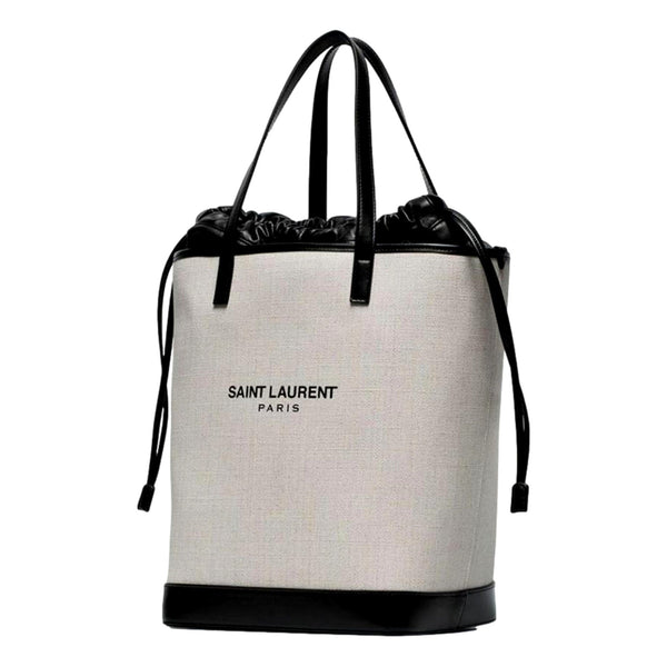 Saint Laurent Teddy White Coated Linen Drawstring Bucket Bag in White and Black, authentic new handbag, image 10