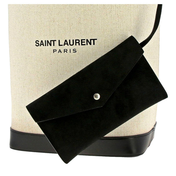 Saint Laurent Teddy White Coated Linen Drawstring Bucket Bag in White and Black, authentic new handbag, image 9