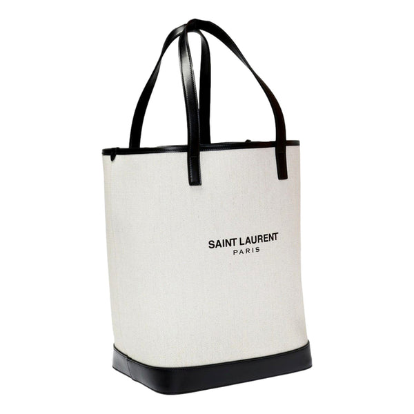 Saint Laurent Teddy White Coated Linen Drawstring Bucket Bag in White and Black, authentic new handbag, image 8