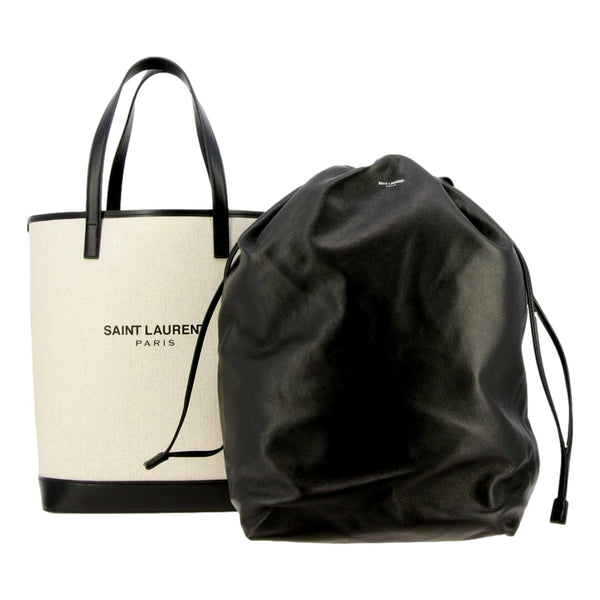 Saint Laurent Teddy White Coated Linen Drawstring Bucket Bag in White and Black, authentic new handbag, image 7