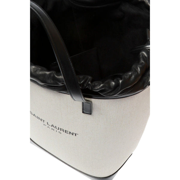 Saint Laurent Teddy White Coated Linen Drawstring Bucket Bag in White and Black, authentic new handbag, image 6