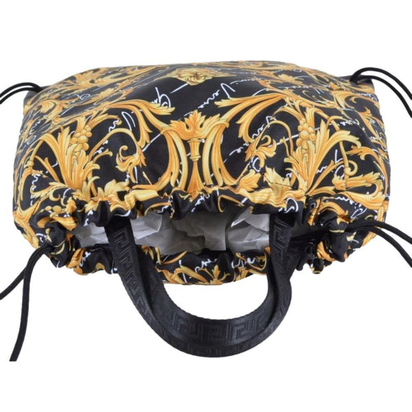 Versace Barocco Print Drawstring Backpack Black Nylon La Medusa Logo in Black with Barocco Print, authentic new handbag, imag