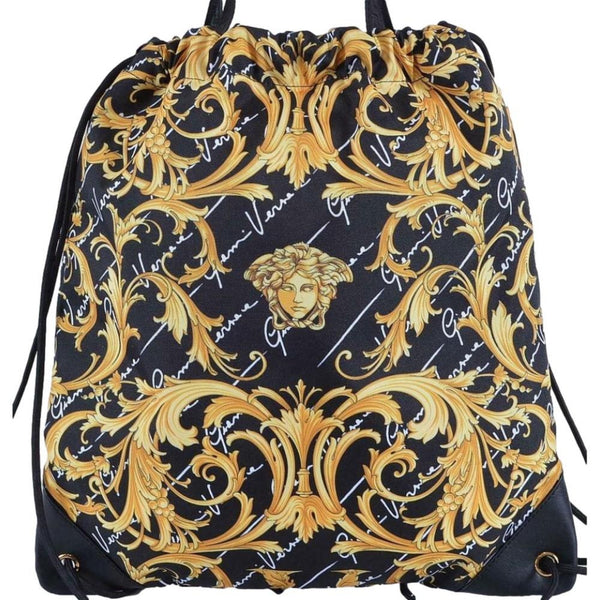 Versace Barocco Print Drawstring Backpack Black Nylon La Medusa Logo in Black with Barocco Print, authentic new handbag, imag