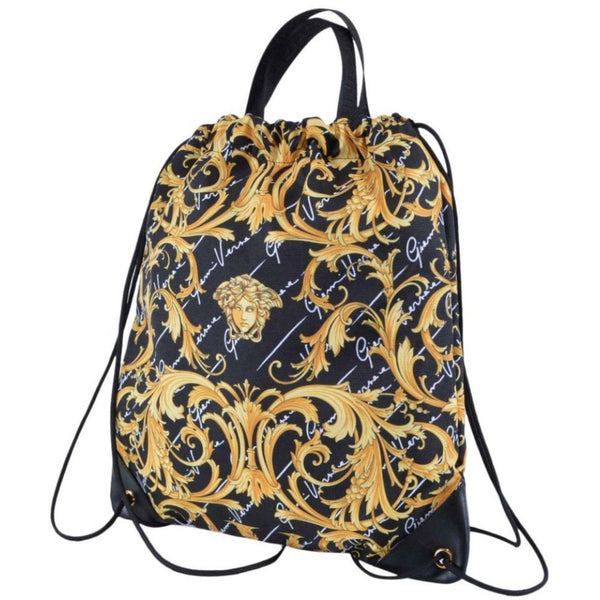 Versace Barocco Print Drawstring Backpack Black Nylon La Medusa Logo in Black with Barocco Print, authentic new handbag, imag