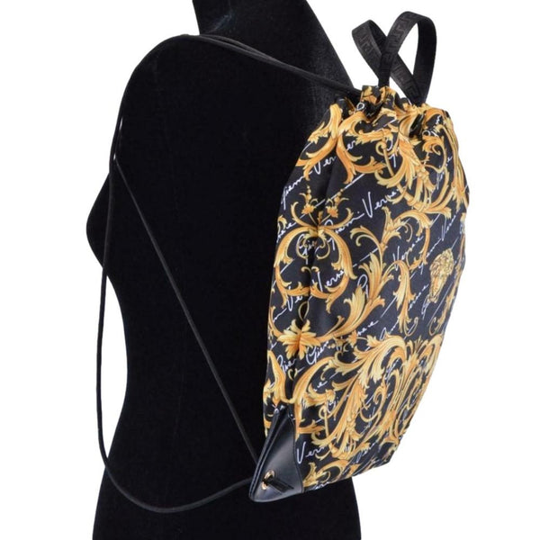 Versace Barocco Print Drawstring Backpack Black Nylon La Medusa Logo in Black with Barocco Print, authentic new handbag, imag