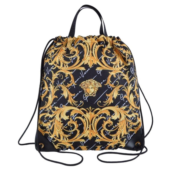 Versace Barocco Print Drawstring Backpack Black Nylon La Medusa Logo in Black with Barocco Print, authentic new handbag, imag