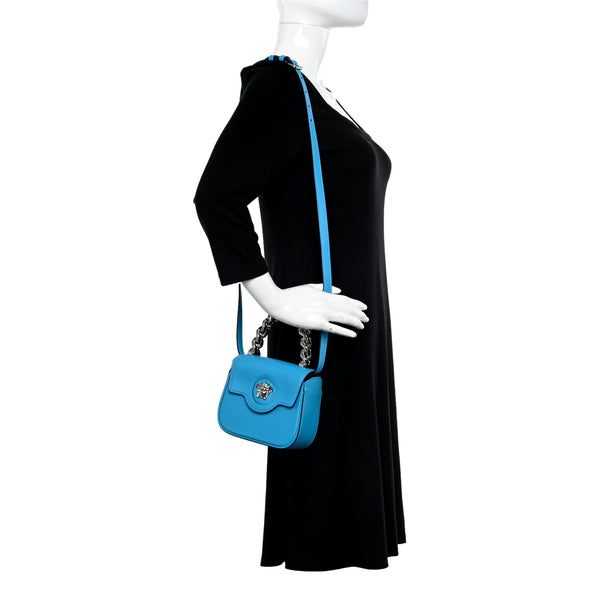 Versace Blue La Medusa Mini Top-Handle Bag Leather Crossbody in Blue, authentic new handbag, image 8