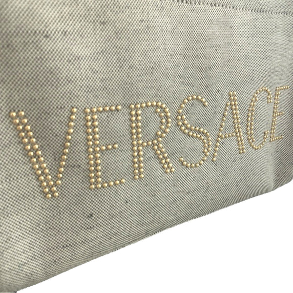 Versace Studded Logo Mini Tote Ecru Canvas Crossbody Bag Gold Hardware in Ecru, authentic new handbag, image 2