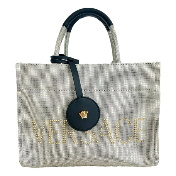 Versace Studded Logo Mini Tote Ecru Canvas Crossbody Bag Gold Hardware in Ecru, authentic new handbag, image 1