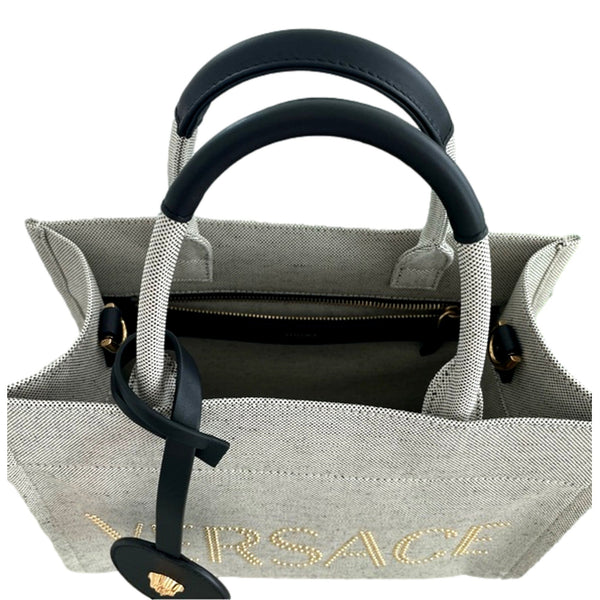 Versace Studded Logo Mini Tote Ecru Canvas Crossbody Bag Gold Hardware in Ecru, authentic new handbag, image 4