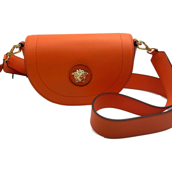Versace Half-Moon La Medusa Vitello Leather Orange Crossbody Handbag in Pumpkin Orange, authentic new handbag, image 2