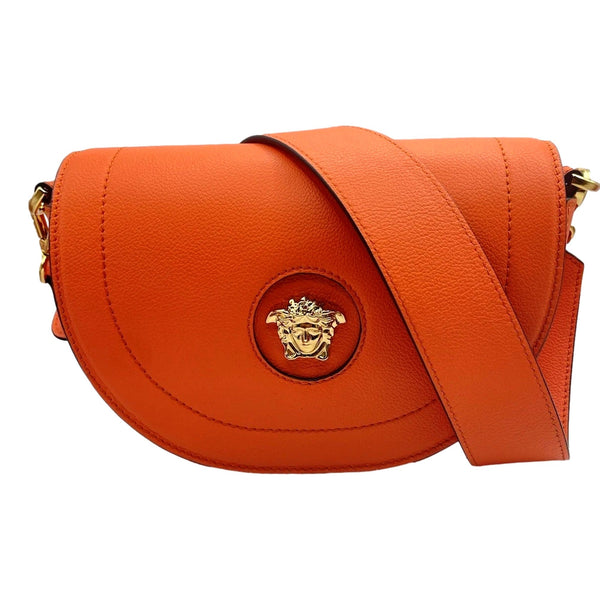 Versace Half-Moon La Medusa Vitello Leather Orange Crossbody Handbag in Pumpkin Orange, authentic new handbag, image 1