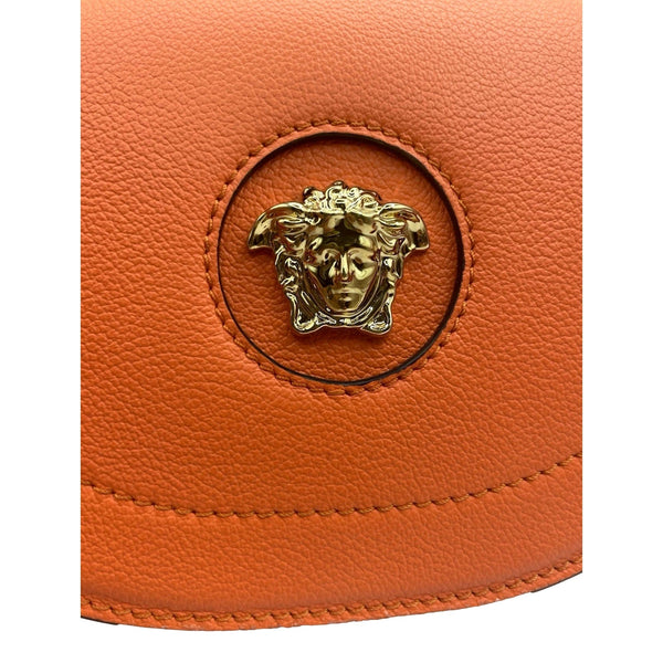 Versace Half-Moon La Medusa Vitello Leather Orange Crossbody Handbag in Pumpkin Orange, authentic new handbag, image 5