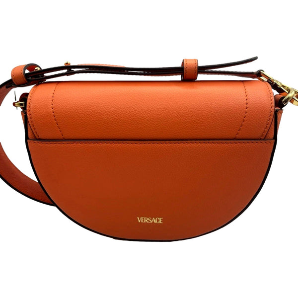 Versace Half-Moon La Medusa Vitello Leather Orange Crossbody Handbag in Pumpkin Orange, authentic new handbag, image 3
