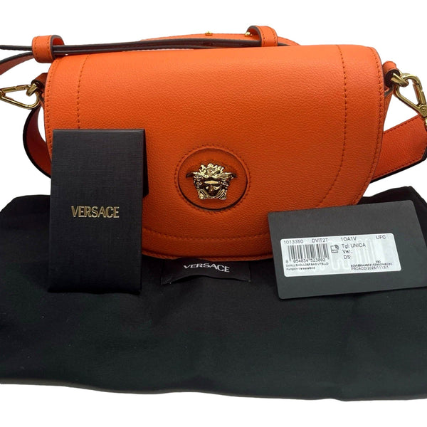 Versace Half-Moon La Medusa Vitello Leather Orange Crossbody Handbag in Pumpkin Orange, authentic new handbag, image 7