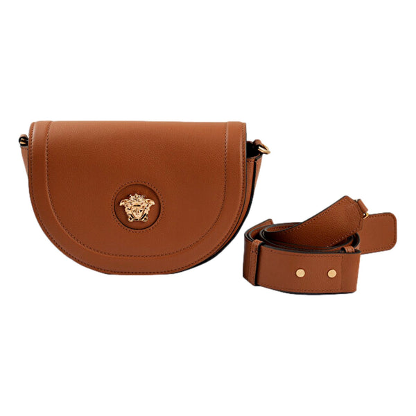 Versace La Medusa Vitello Leather Half Moon Crossbody Bag Summer in Summer Nude and Brown, authentic new handbag, image 1