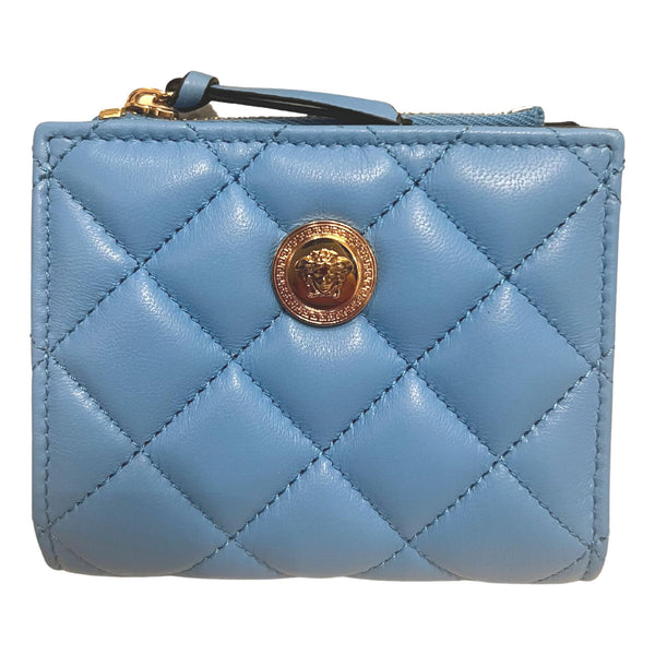 Versace La Medusa Blue Quilted Lamb Leather Compact Snap Wallet in Blue, authentic new wallet, image 1