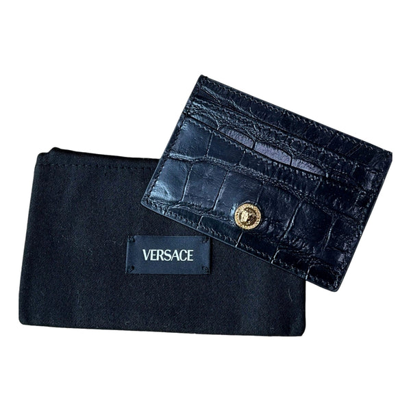 Versace La Medusa Crocodile Embossed Leather Cardholder Wallet in Black in Black, authentic new wallet, image 3