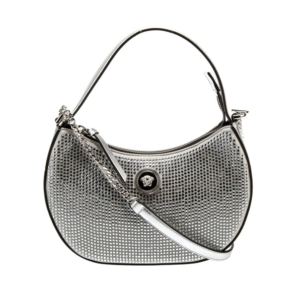 Versace La Medusa Crystal Half Moon Hobo Shoulder Crossbody Bag Silver in Silver, authentic new handbag, image 1