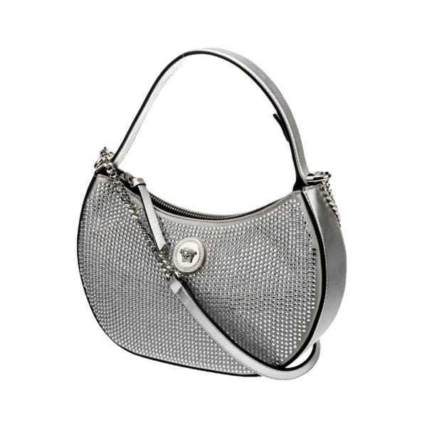 Versace La Medusa Crystal Half Moon Hobo Shoulder Crossbody Bag Silver in Silver, authentic new handbag, image 2