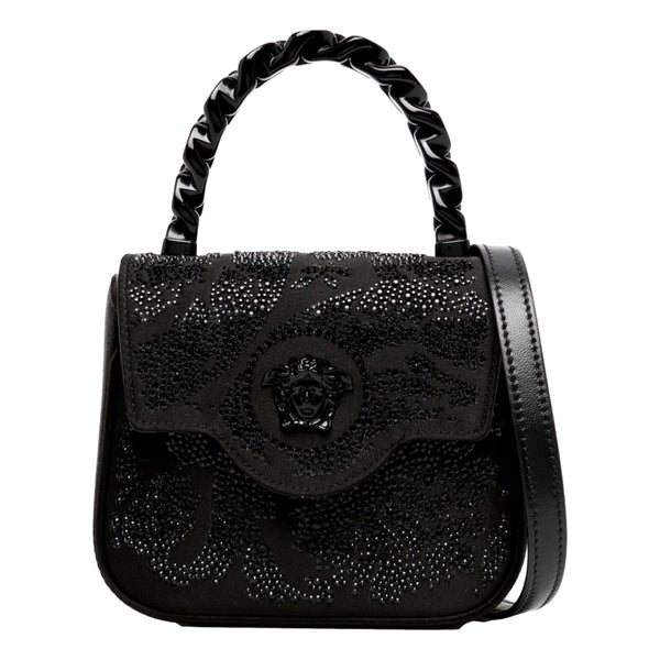 Versace La Medusa Crystal Mini Top Handle Tote Crossbody Black Silk in Black, authentic new handbag, image 1