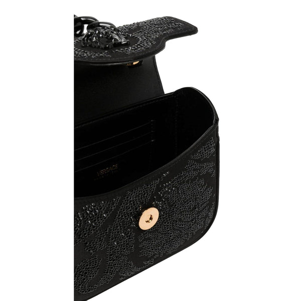Versace La Medusa Crystal Mini Top Handle Tote Crossbody Black Silk in Black, authentic new handbag, image 4