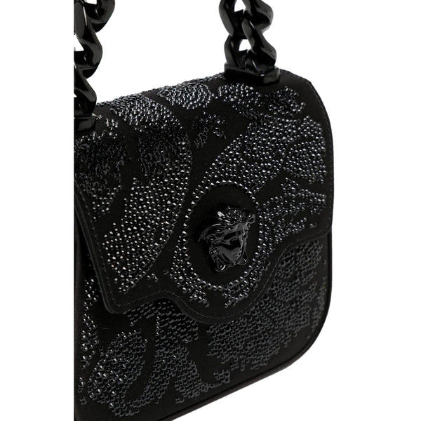 Versace La Medusa Crystal Mini Top Handle Tote Crossbody Black Silk in Black, authentic new handbag, image 3