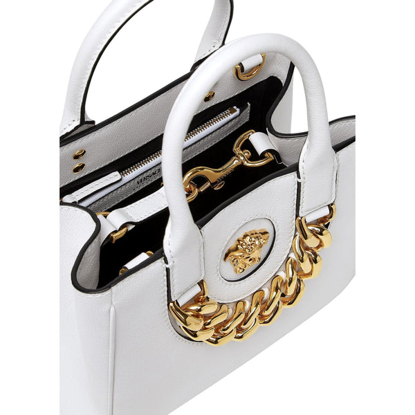 Versace La Medusa White Leather Small Crossbody Tote Bag Gold Plaque Chain in White, authentic new handbag, image 4