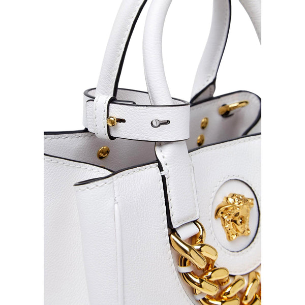 Versace La Medusa White Leather Small Crossbody Tote Bag Gold Plaque Chain in White, authentic new handbag, image 5