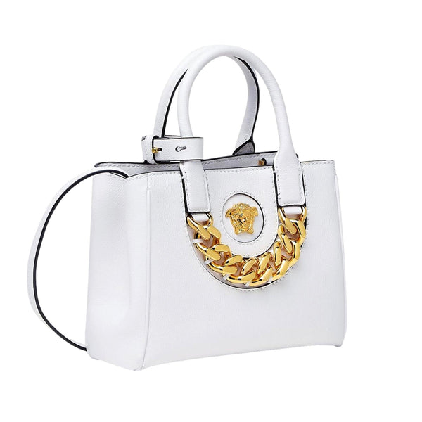 Versace La Medusa White Leather Small Crossbody Tote Bag Gold Plaque Chain in White, authentic new handbag, image 3