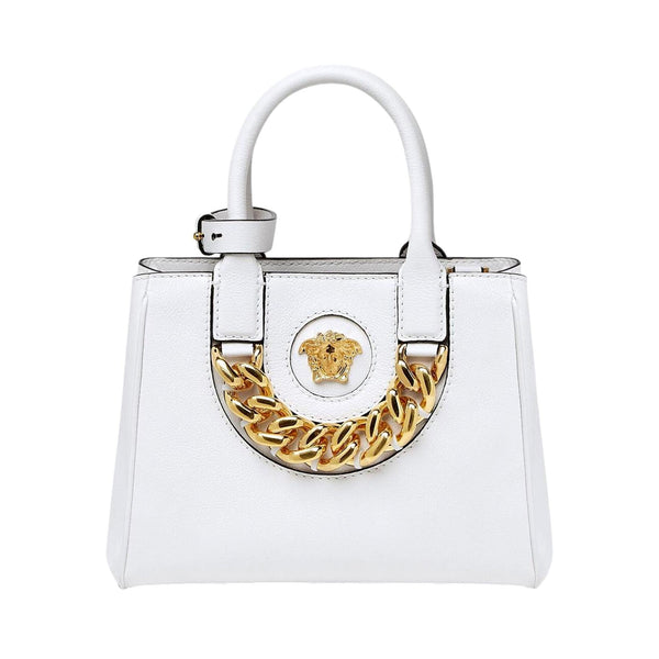 Versace La Medusa White Leather Small Crossbody Tote Bag Gold Plaque Chain in White, authentic new handbag, image 1