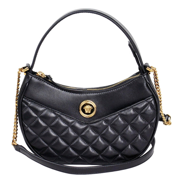 Versace La Medusa Half Moon Hobo Shoulder Crossbody Bag Black Leather in Black, authentic new handbag, image 1