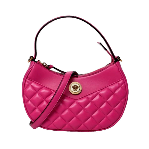 Versace La Medusa Pink Quilted Leather Half Moon Bag Gold Chain Crossbody in Orchid Pink, authentic new handbag, image 1