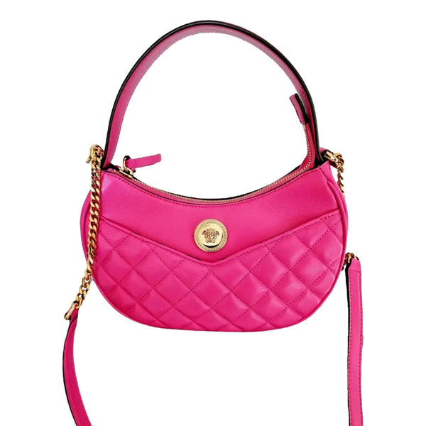 Versace La Medusa Pink Quilted Leather Half Moon Bag Gold Chain Crossbody in Orchid Pink, authentic new handbag, image 3