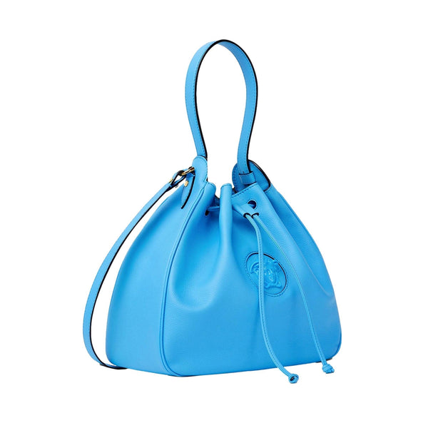 Versace La Medusa Blue Textured Leather Bucket Bag Gold Hardware Chain Strap in Blue, authentic new handbag, image 5