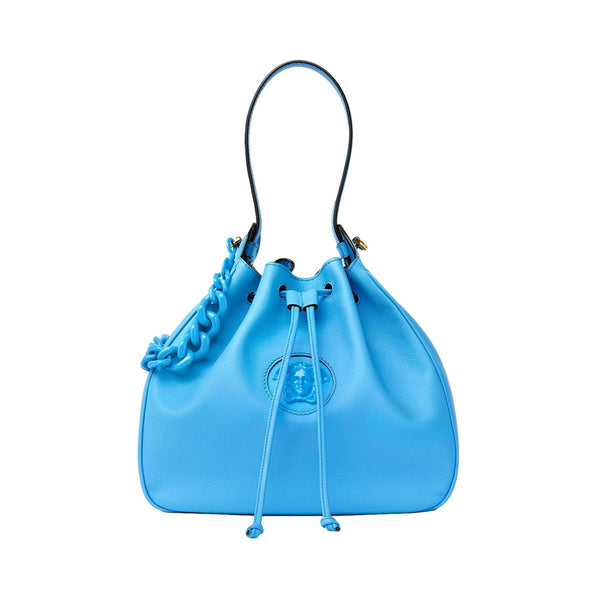 Versace La Medusa Blue Textured Leather Bucket Bag Gold Hardware Chain Strap in Blue, authentic new handbag, image 1