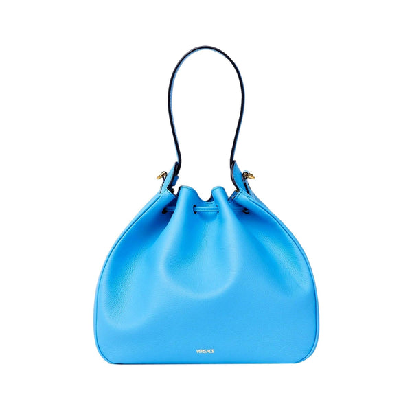Versace La Medusa Blue Textured Leather Bucket Bag Gold Hardware Chain Strap in Blue, authentic new handbag, image 6