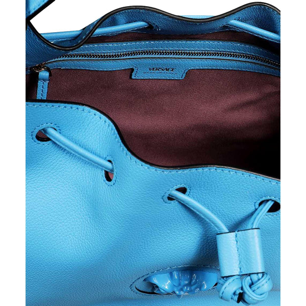 Versace La Medusa Blue Textured Leather Bucket Bag Gold Hardware Chain Strap in Blue, authentic new handbag, image 3